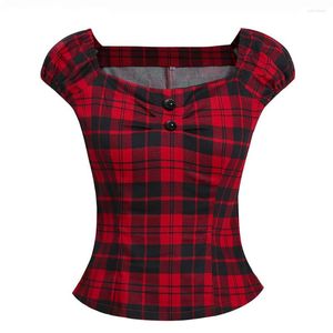 Blouses voor dames Red Plaid Retro Blouse Casual Summer Tops Women 2023 Vintage Shirt Square Neck Top katoenen bladerdeedjeshuls dames en