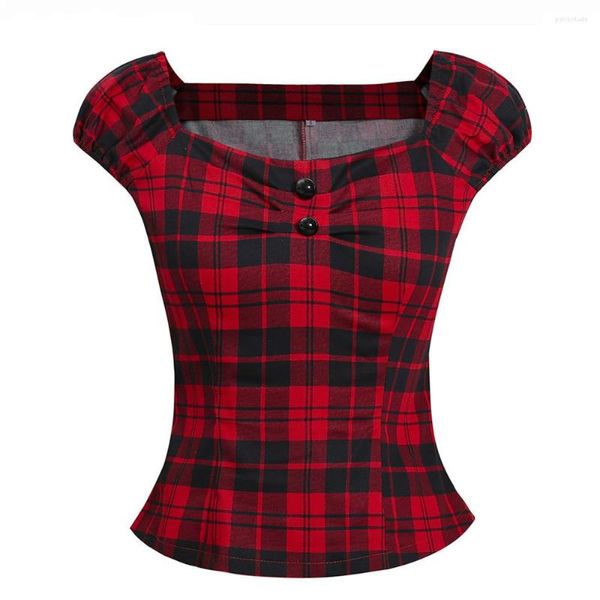 Blouses pour femmes rouge Plaid rétro Blouse décontracté été hauts femmes 2023 Vintage chemise col carré haut coton manches bouffantes dames et