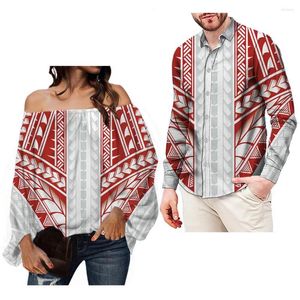 Blusas de mujer, camisetas rojas con estampado de tatuaje de Samoa Polinesia, camisetas de manga larga con hombros descubiertos para fiesta/boda/Blusas diarias