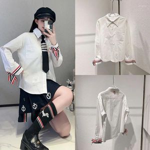 Chemisiers pour femmes rouge blanc bleu bande tissée tricolore chemise cintrée Style Preppy col Polo ample hauts élégants marque tendance coton