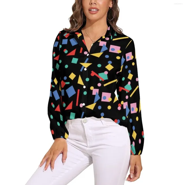 Blusas de mujer, blusa artística Retro de los años 80, formas geométricas, estampado bonito, ropa de calle para mujer, camisa de manga larga de otoño, Tops de gran tamaño