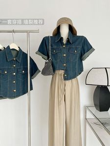 Chemisiers pour femmes rétro bleu couleur femmes ample décontracté culture Jean chemise revers à manches courtes simple boutonnage dame Harajuku Vintage surdimensionné