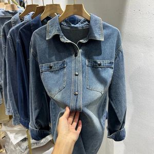 Women's Blouses Retro Blue Denim Shirt Spring herfst herfst lange mouw met één borste casual blouse chic veelzijdige vrouwelijke jean top bovenkleding