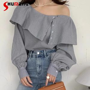 Women's Blouses retro chic shirts voor vrouw temperament onregelmatige gevloeide off-shoulder tops vrouw losse all-match lange mouw gestreepte lange mouwen