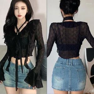 Damesblouses Retro Chiffon Mesh Shirt Zwart Sexy Slanke V-hals Ruffle Flare Zonnebrandcrème Cropped Top met lange mouwen