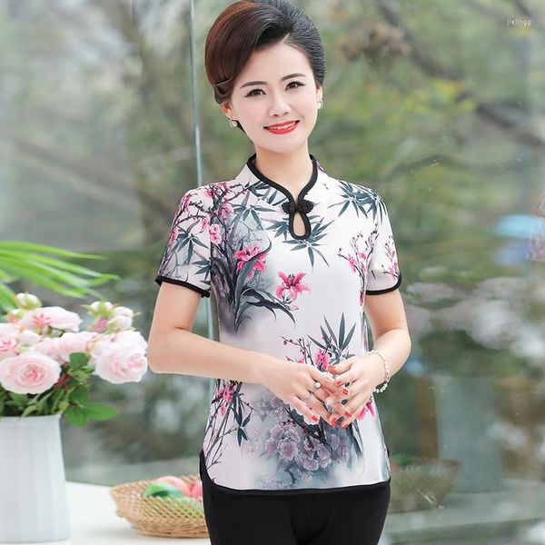 Chemisiers pour femmes rétro chinois femmes chemisier traditionnel Vintage Oblique chemise Zen été Satin oriental femme hauts col Mandarin Cheongsam