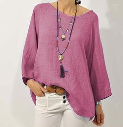 Blouses Femmes Rétro Coton Lin Blouse Femmes O Cou Goutte Épaule Neuf Quarts Chemises Casual Couleur Unie Lâche Surdimensionné Tops Blusas