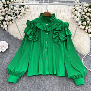 Blouses pour femmes Style Court rétro col montant encolure en dentelle manches bouffantes plissées amples et fines couleur unie haut de style occidental