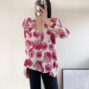 Blusas de mujer Moda retro con cuello en V camisa de flores rosas hecha a mano 2023 Verano Y2k Manga larga Estampado activo Tops irregulares para mujer