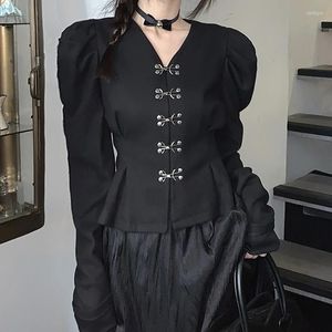 Blouses pour femmes rétro goth médivale femmes chemisier de mode couleur solide à manches bouffantes en V pliant de style gothique mince pour le printemps