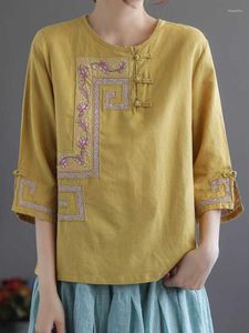 Damesblouses retro linnen en katoenen etnische stijl knop 5/4 mouw t-shirt vrouwen 2023 zomer zware ambacht borduurwerk mode casual top
