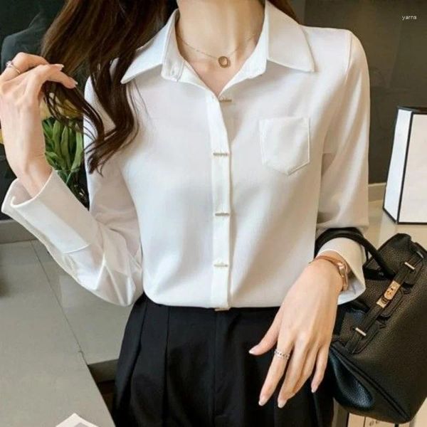 Blusas de mujer camisa Retro de manga larga primavera estilo coreano blusa de oficina para mujer otoño de un solo pecho blanco