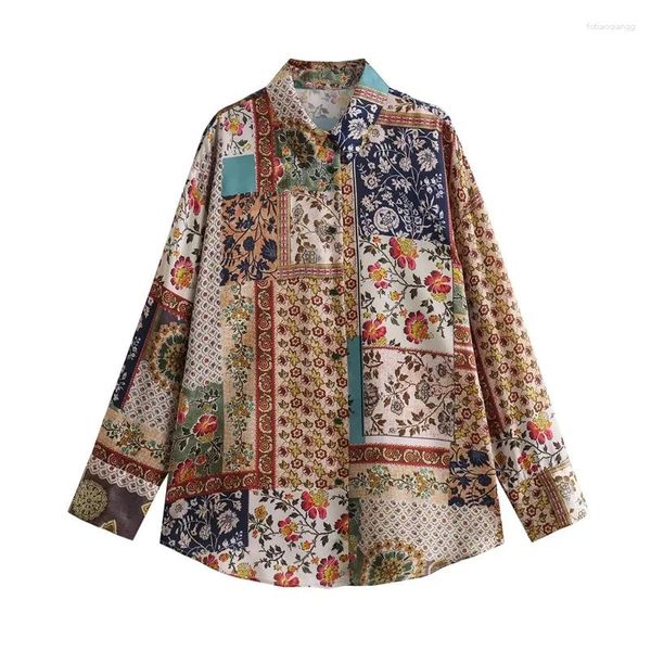 Blouses pour femmes Rétro Patchwork Chemise à imprimé floral Femme Automne Fille Revers Manches longues Lâche Boho Streetwear Vintage Boutons Hauts