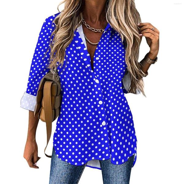 Blouses pour femmes Rétro À Pois Blouse Lâche Bleu Et Blanc Street Wear Surdimensionné Femmes À Manches Longues Chemises Mignonnes Printemps Graphique Hauts