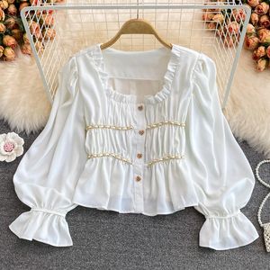 Damesblouses retro puffy mouwen Gevotte schouder Schouder Franse stijl vrouwen shirt elegant vierkante kraag korte chiffon blouse top