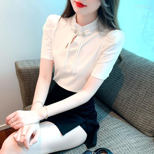 Blouses pour femmes rétro à manches courtes Blusa chemisier d'été Style chinois traditionnel boucle petit haut
