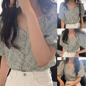 Chemisiers pour femmes Retro Small Floral Single Breasted Puff Sleeve Bottom Shirt Women's 3x Womens Lace Tops For Women