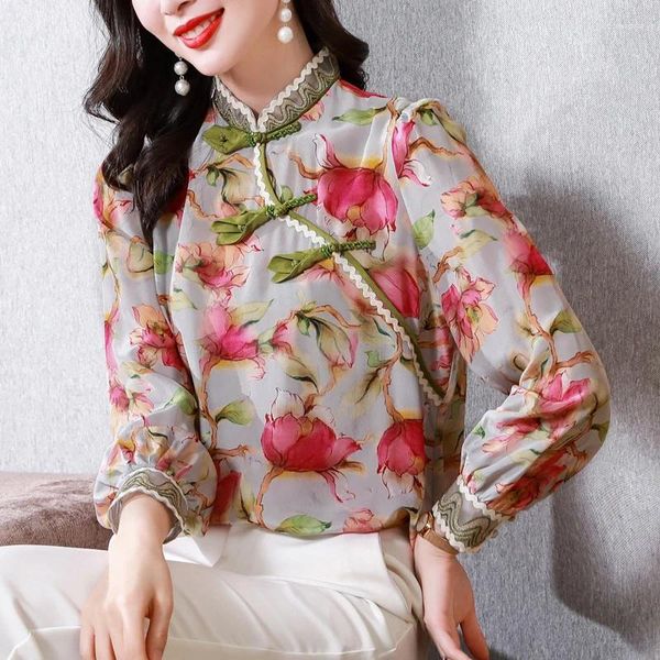 Blusas de mujer Retro Cuello alto Botón de placa Estilo chino Top Cheongsam mejorado para mujer Manga larga Elegante Estampado floral Delgado