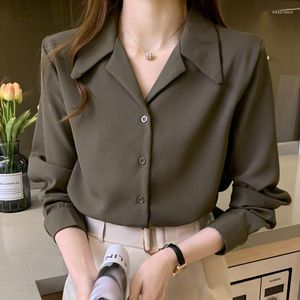 Blouses pour femmes Retro Suit Collier Blanc à manches longues Longue manche Femmes 2022 Button solide en vrac en automne