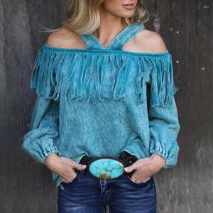 Blouses pour femmes Rétro Velours Frange Décor Lanterne À Manches Longues Dos Nu Coupe Ample Femmes Blouse Sexy Hors Épaule Halter Pull Top