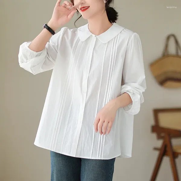 Blouses Femmes Rétro Femmes Blouse Casual Lâche Col À Volants Simple Coton Dames Hauts Noir Blanc À Manches Longues Boutonné Chemise Blusa