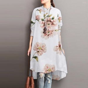 Damesblouses Retro dames lang shirt Bloemenprint Casual onregelmatige zoom Pullover Losse top Lente knielange Boheemse blouse