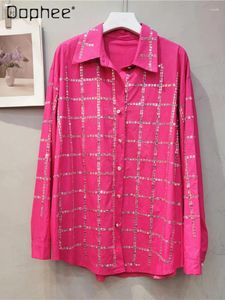 Women's Blouses Rhinestone Color Shirt For Women 2024 Spring Street Hipster Losse revers Single Row knop Lange mouwtjes