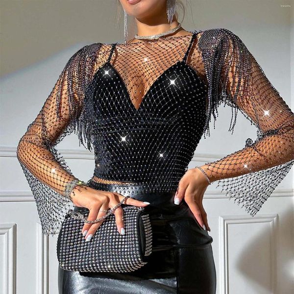 Blouses pour femmes Strass Sexy Nightclub Résille Top avec manches longues éblouissantes Gland Dos nu Crewneck Femmes Blouse Robe de soirée Chemises