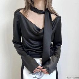 Chemisiers pour femmes ruban évidé mince coupe ajustée haut à manches longues avec col oscillant Satin chemise femmes élégantes et Sexy