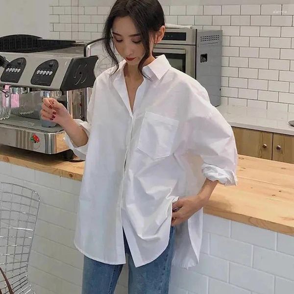 Blouses pour femmes Rimocy Collier de remin-down Shirt White Style coréen Loose Long Sleeve Femme Shirts de bureau à poitrine simple