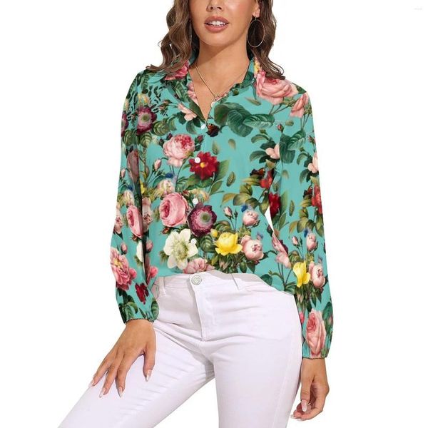 Blusas de mujer, blusa con estampado Floral de rosas, camisas lindas de manga larga holgadas informales con flores Vintage para mujer, Top personalizado de talla grande