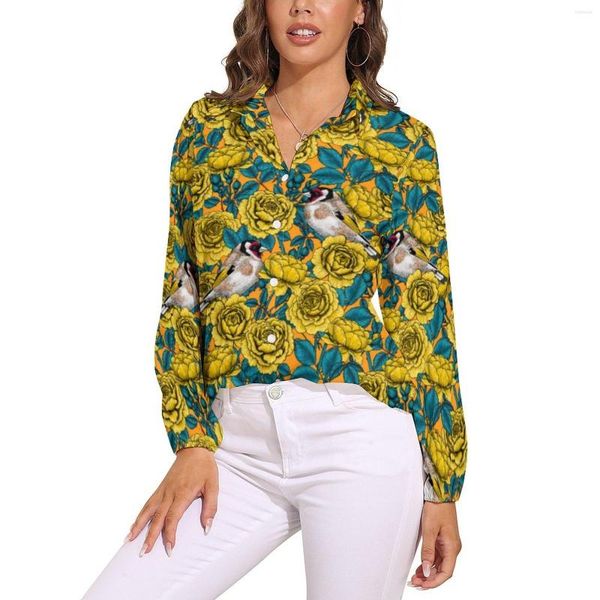 Blusas de mujer Rosas Flores Blusa suelta Jilguero Estampado de pájaros Moda Oversize Mujer Camisa de manga larga Vintage Otoño Gráfico Top