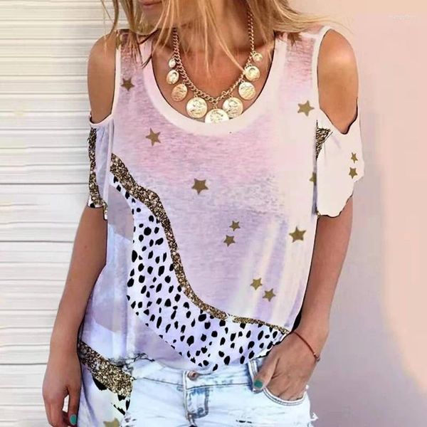 Blusas de mujer con cuello redondo, Jersey holgado, Top con costuras con estampado de leopardo, camiseta Sexy de verano sin tirantes, camiseta Irregular de manga corta para mujer