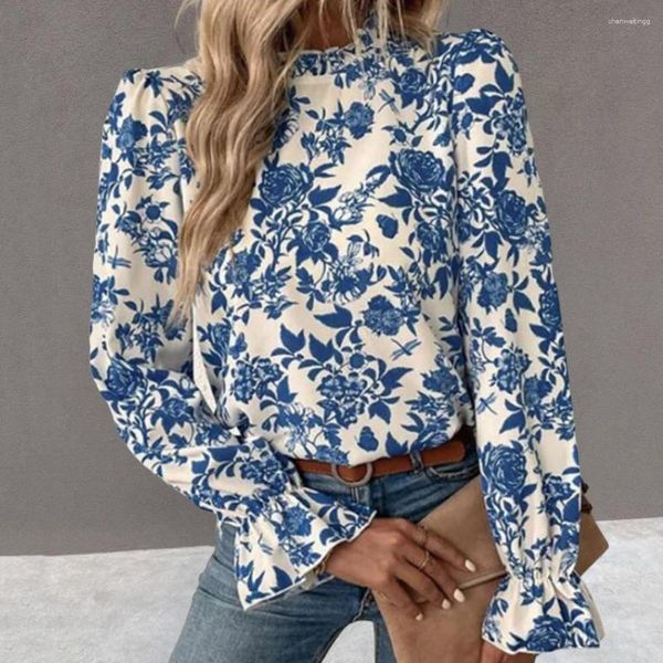 Blusas de mujer Puños con volantes Manga larga Ajuste de encaje Cuello simulado Camisa de mujer Elegante Blusa con patrón floral Top