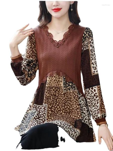 Blusas de mujer con volantes Top de manga larga elegante para oficina para mujer camisas con diseño de vientre transparente de retazos de leopardo Peplum LJ227