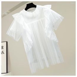 Blouses pour femmes chemises en maille ￠ volants Tshirt de mode 2022 Girls d'￩t￩ pourdies All-Matching Tops White Black Rose