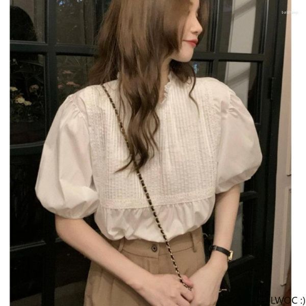 Blusas de mujer con volantes mezclas de algodón Tops Blusas 2023 mujer verano lindo dulce estilo japonés chicas Retro Vintage Casual blanco encaje camisas