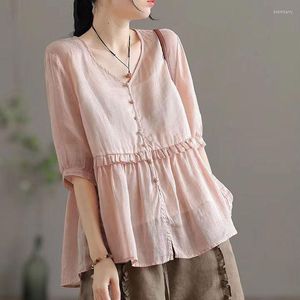 Blouses voor dames ruches schattig shirt dames knopen zomer blouse 2023 hoge taille puff puff mouw top mooie roze jeugdkleding elegant a777