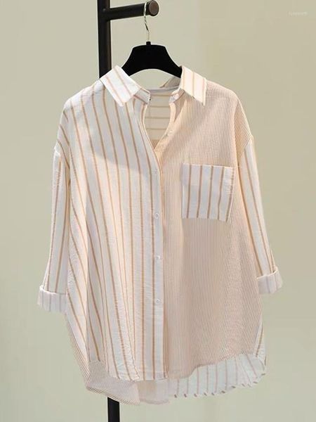 Blusas de mujer S-3XL Camisa a rayas de talla grande para mujer Blusas holgadas de manga corta con bolsillo de retazos para mujer Top de verano 2023 Y796