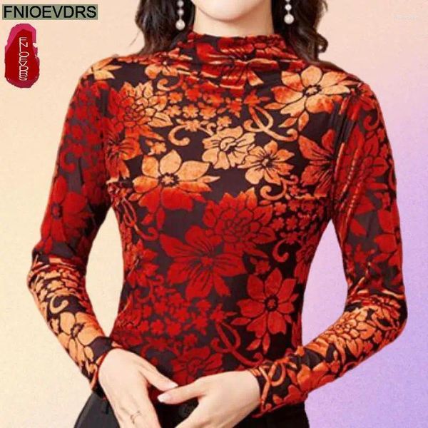 Blouses pour femmes S-4xl 2024 Spring Half Contrutleck Tops Women Basic Wear Office Lady Long Manche Floral Retro Vintage French Design Shirt