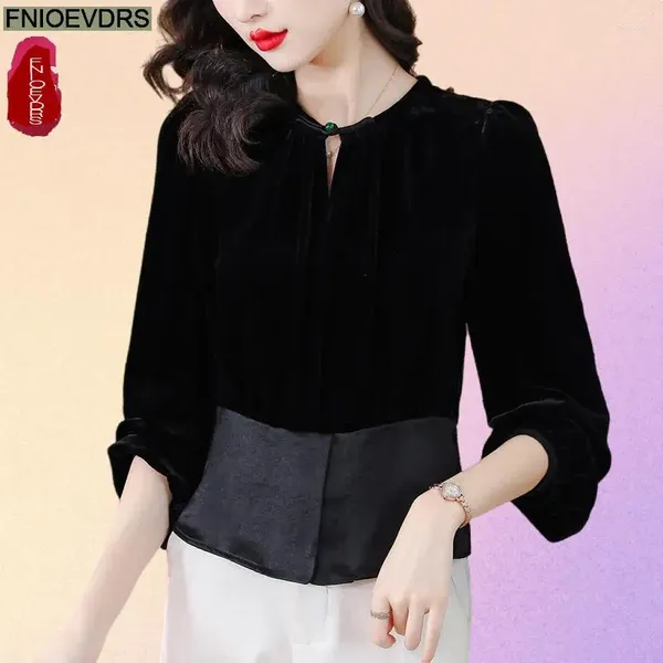 Blouses pour femmes S-4xl Black Tunique Shirts 2024 Femmes Spring à manches longues Elegant Bureau Lady Casual Retro Retro Vintage Peplum Velvet Tops