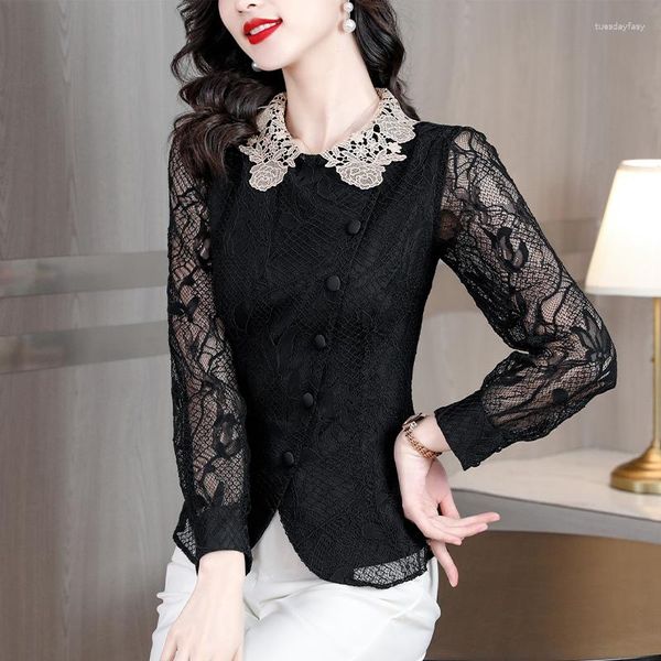 Blouses pour femmes S-4XL femmes élégantes dentelle hauts 2023 printemps automne Crochet Blouse à manches longues évider irrégulière chemise noire