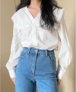 Blouses Femme Col Marin Col en V Manches Longues Chemisier en Dentelle Floral Brodé Chemises Blanches Femmes Coton Boho Casual Vacances Haut pour Femme