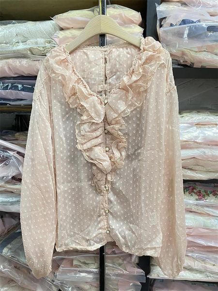 Blusas de mujer OFERTAS Japón Liz Lisa Camisa de gasa transparente Blusa con volantes de malla de encaje Camisas de manga larga de jacquard de lunares