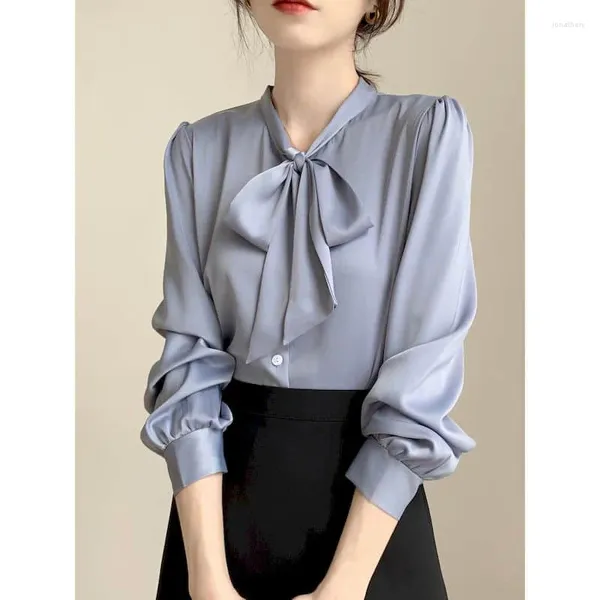 Chemisiers pour femmes Chemises en mousseline de soie en satin pour femmes Vintage à manches longues Casual Style coréen Bow Neck Fold Design One Piece Blouse Office Tops