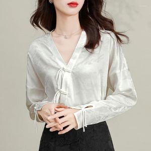 Dames Blouses Satijn Chinese Stijl Overhemd Zijde Vintage Bloemen Kleding Losse Lente/Zomer V-hals Vrouwen Tops YCMYUNYAN