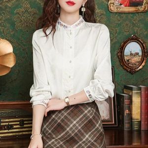 Women's Blouses Satin Chinese stijl Shirt Spring/Summer Vintage borduurkleding losse zijden lange mouwen vrouwen tops ycmyunyan