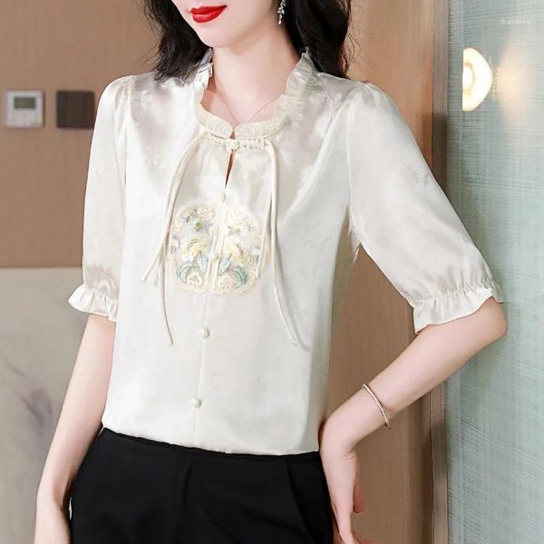 Blouses pour femmes chemises de style chinois en satin broderie de soie d'été vintage des femmes volutières