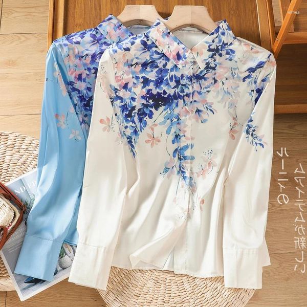 Blusas para mujeres Camisa floral de satén Femenina Gran tamaño y verano Fashion Corean Fashion Chic Elegant Commuter Blouse impresa impresa