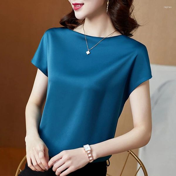 Blusas de mujer Camisa de seda natural satinada Mujer Manga corta Ropa de trabajo elegante Top Moda coreana Blusa negra azul blanca Camisas Gusano de seda